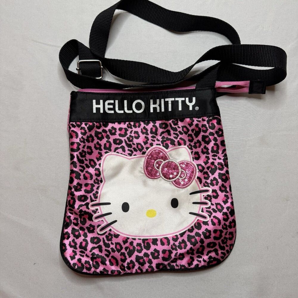 Hello Kitty Pink Leopard Crossbody Bag Adjustable Strap Sequin Bow Purse Cat